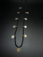 Vintage Black Beaded Coin Necklace, Tribal Boho Necklace, Ethnic Coin Charm