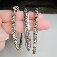 SET OF 3 Vintage Rajasthani Style BANGLE BRACELET Beaded Tribal Silvertone 8.25″