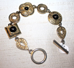 Signed VICTORIA Goldtone Etruscan Style Black Cabochons Link Bracelet