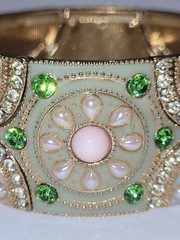 Vintage Wide Cuff Cloisonné Bracelet Ornate Enamel Rhinestone Gold-tone Jewelry