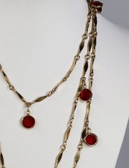 Vintage Open Bezel Red Crystal Flapper Necklace Gold Tone Metal 52″ Long