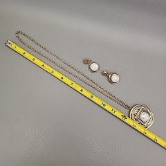 Vintage Opalite Necklace Clip Earrings Set Round Glass Gold Tone Pendant 24″