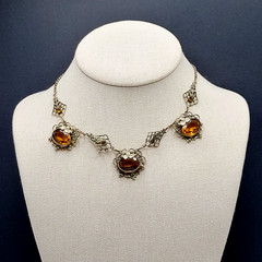 Czech Glass Art Nouveau Deco Flower Motif Brass Festoon Bib Amber Citrine 15 In