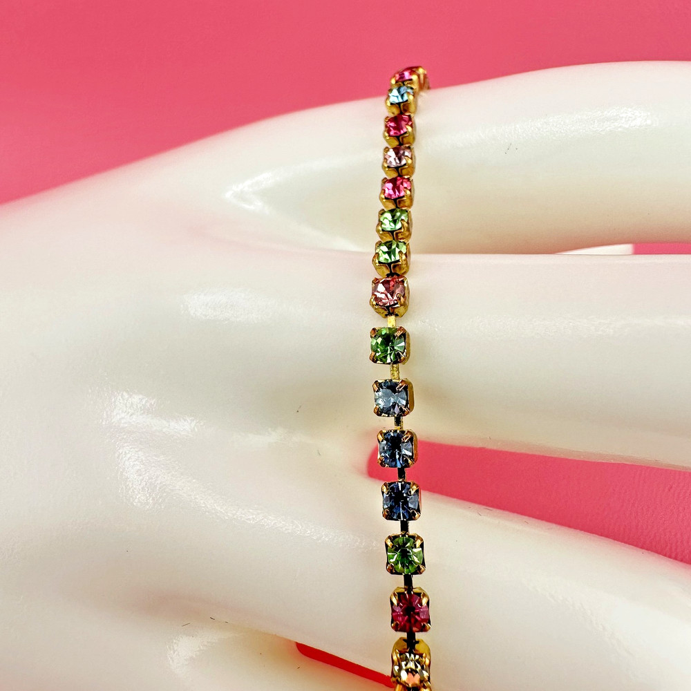 Vintage Rhinestone Bracelet Pastel Multi Color Gold Tone Tennis Cup Chain 6.75″