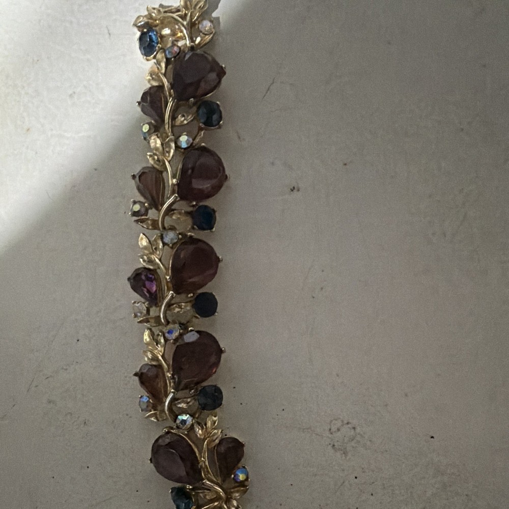 Gold Tone Floral Leaf Link Bracelet Purple Teardrop Rhinestones Blue, Box Clasp