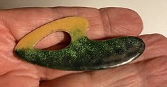 MCM Copper Enamel Boomerang Open Swirl Brooch modernist artisan signed Belanger