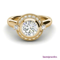 1.50 Ct Round Lab-Created Diamond Ring Set Bezel Art Deco Baguette 14K Gold Over
