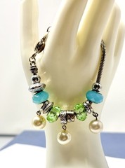 Vintage Charm Bracelet Silver Toned Glass Beads Metal Dangle Charms Blue Green