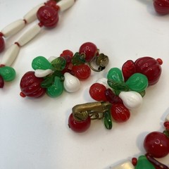 Fun! Red & White Plastic Fruit Salad 34″ Necklace W Dangle Clip Earrings Germany