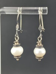 Vintage 9mm Freshwater Pearl Oxidized Sterling Silver 4cm Dangle Earrings