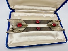 Antique Victorian Gold Tone Red Glass Mesh Belt Buckle Sash STrap? 6.5in Read