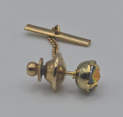 1950-1960s Imported Stone Aurora Borealis AB Rhinestone Gold Tone Tie Tack Boxed