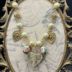 Romantic Vintage Assemblage Necklace, Valentine Hearts Roses & Rhinestones OoaK