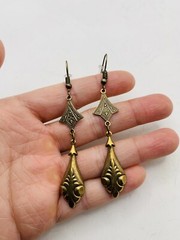 Vintage Style Art Nouveau Gold Tone Long Elegant Teardrop Dangle Hook Earrings