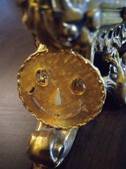 Vintage Goldtone Brooch Smiley Happy Face Rhinestone Dangle Eyes Pin or Pendant