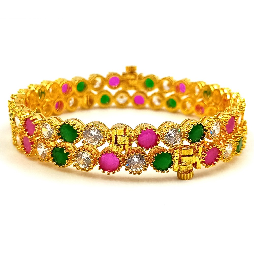 Luxury Ruby Emerald CZ Bangle Set, 22k Gold Plated, Elegant Traditional Wear