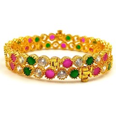 Luxury Ruby Emerald CZ Bangle Set, 22k Gold Plated, Elegant Traditional Wear