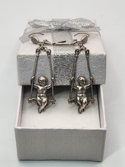 Vintage Estate Cherub Earrings Silvertone Angels On Swing Lever Back Renaissance