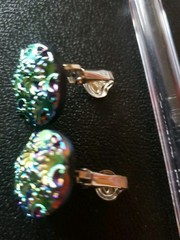 Czech Plastic Iridescent Peacock Carnival Botanical Green Blue glass Clip On