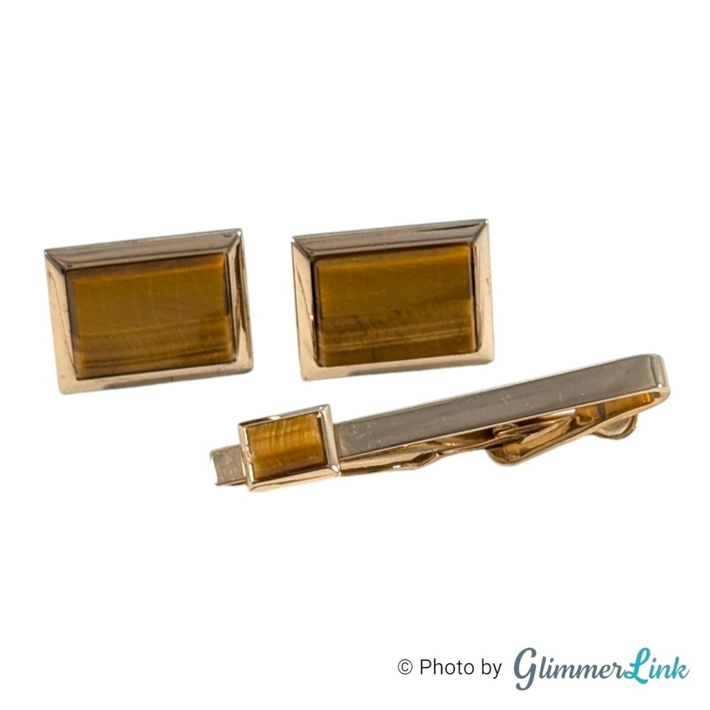 Vintage Swank Brown Tiger’s Eye Rectangular Gold Tone Cufflinks & Tie Bar Set
