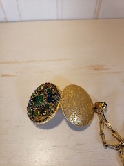 Vintage Hobe Green and Blue Rhinestones Pendant Locket Necklace