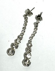 Blue Faux Pearl Necklace 3 Strand Rhinestone Bow + Dangle Earrings Pierced