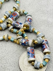 Vintage Porcelain Floral Bead Necklace Mixed Stone Beads Blue White Boho
