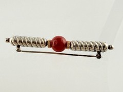 Vintage NR Signed Sterling Silver and 14kt Gold Carnelian Bead Bar Brooch Pin
