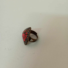 Antique Brass Heart Shape Ring – Coral and Lapis Lazuli Stone Unique Jewelry