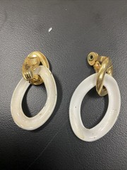 Vintage MONET Clip On Set Gold Tone & White Enamel/ Gold Texture Dangle Hoops