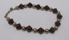 Vtg WOOD Dark Brown Bi-Cone Beads Gold Tone Round Beads Necklace Max 16”