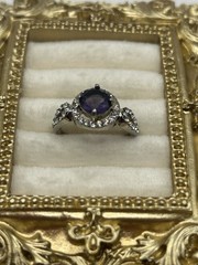 Silver Tone Purple Amethyst Halo Statement Ring Size 8.5 Vintage Costume Jewelry
