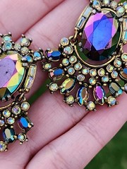 Vtg Hollycraft 1956 Peacock Blue Ab Clip Earrings Iridescent Glass Articulated