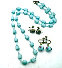 Lot Vtg Deco Czech Aqua Glass Cube Bead Necklace & Murano & JMS 1/20 GF Earrings