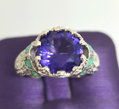 Faux Purple Amethyst Green Opal Filigree Silver Cocktail Ring Marked 925 SZ 7.25