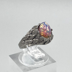 Intricate Czech Glass Rainbow Harlequin Faux Fire Opal Ring Silver-Tone 3.5 Ring