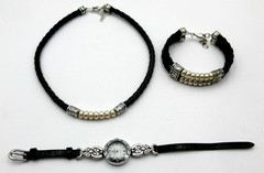 VTG Set Lot PREMIER DESIGNS NECKLACE BRACELET WATCH Faux pearl black silver tone