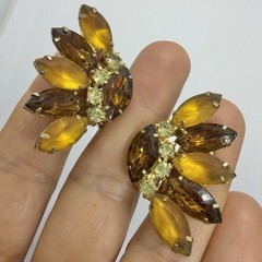 Vtg Art Deco Marquise Rhinestone Statement Orange Brown Climber Earrings Clip-on