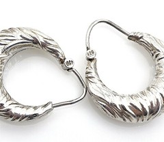 Vintage .925 Sterling Silver Embossed Leaf Puffy Hoop Inserting Wire Earrings
