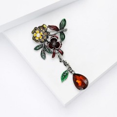Vintage Enamel Flower Brooch Red Teardrop Dangle Lapel Pin Floral Leaf Jewelry