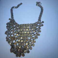 VTG ESTATE BOHO TRIBAL BIB STYLE HAMMERED BRASS COIN COLLAR NECKLACE BELLY DANCE