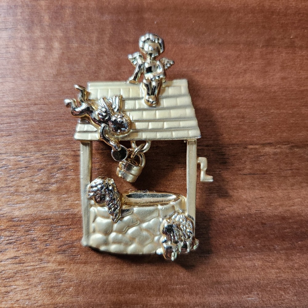 Wishing Well Brooch Goldtone Pin Vintage Cherubs Brooch Signed AJC