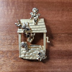 Wishing Well Brooch Goldtone Pin Vintage Cherubs Brooch Signed AJC