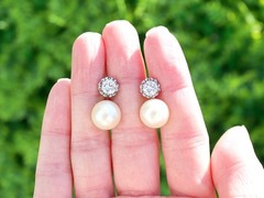 Vintage Cultured Pearl and 1.07Ct Diamond Platinum Earrings Circa 1950