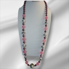 Vintage Cloisonne Rose Quartz & Purple Jasper Beaded Glass Necklace 30 1/2 In