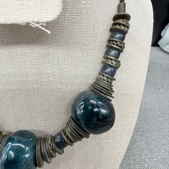 Vintage Necklace 1970s Blue Ceramic Beads Metal Disc Spacers Bohemian 16.5 Inche