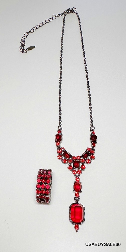 VINTAGE SIGNED VCLM RED RHINESTONE 16″ NECKLACE AND RING Beautiful Condition!