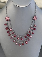 Vintage Boho Ab Red Crystal Charm Layered Beaded Necklace 18” Silver Tine