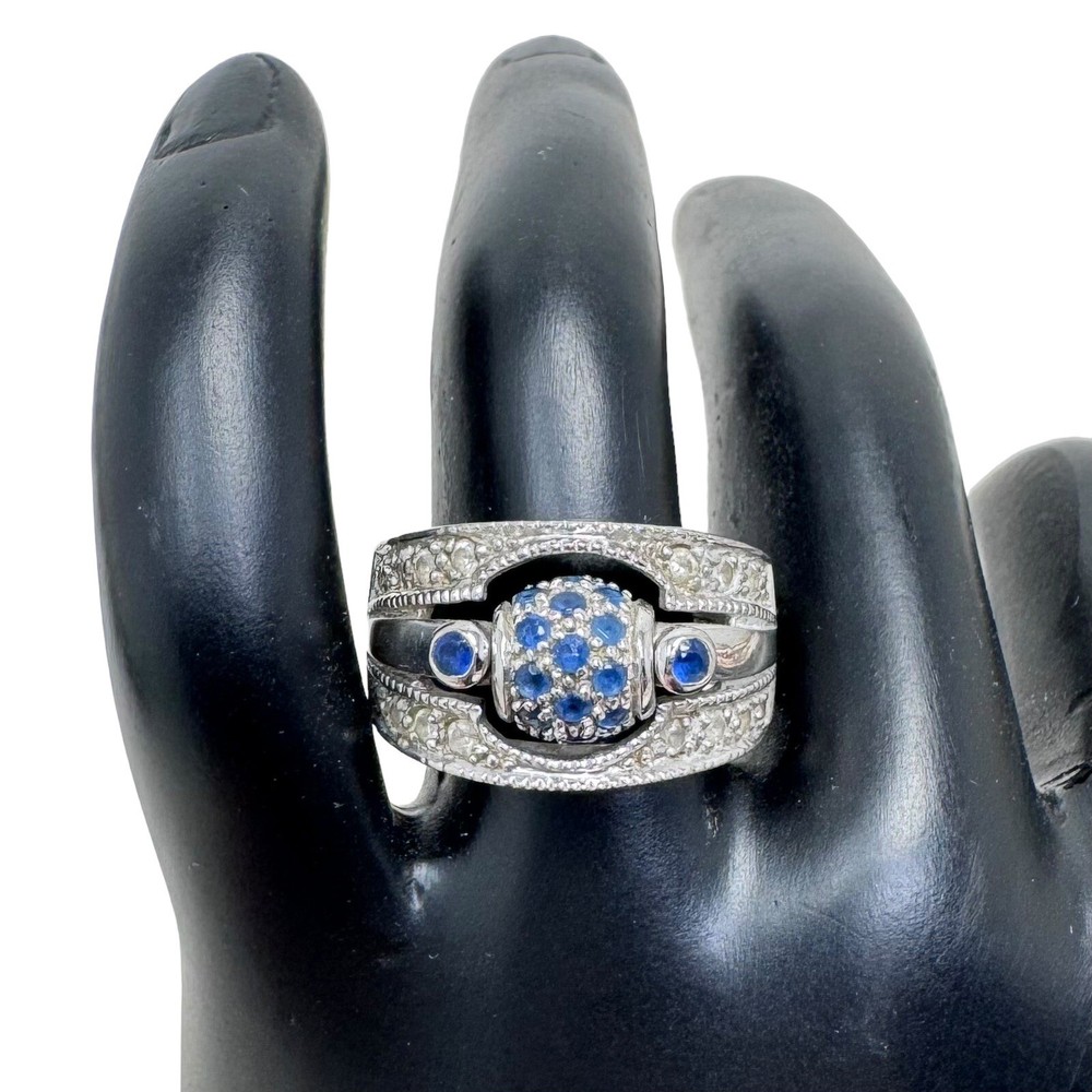 Vintage Silver Tone Blue Rhinestone Wide Spinner Band Ring Size 8
