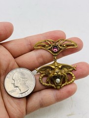 Antique Vintage Art Nouveau Gothic Gargoyle Griffin Crystal Gold Tone Pendant